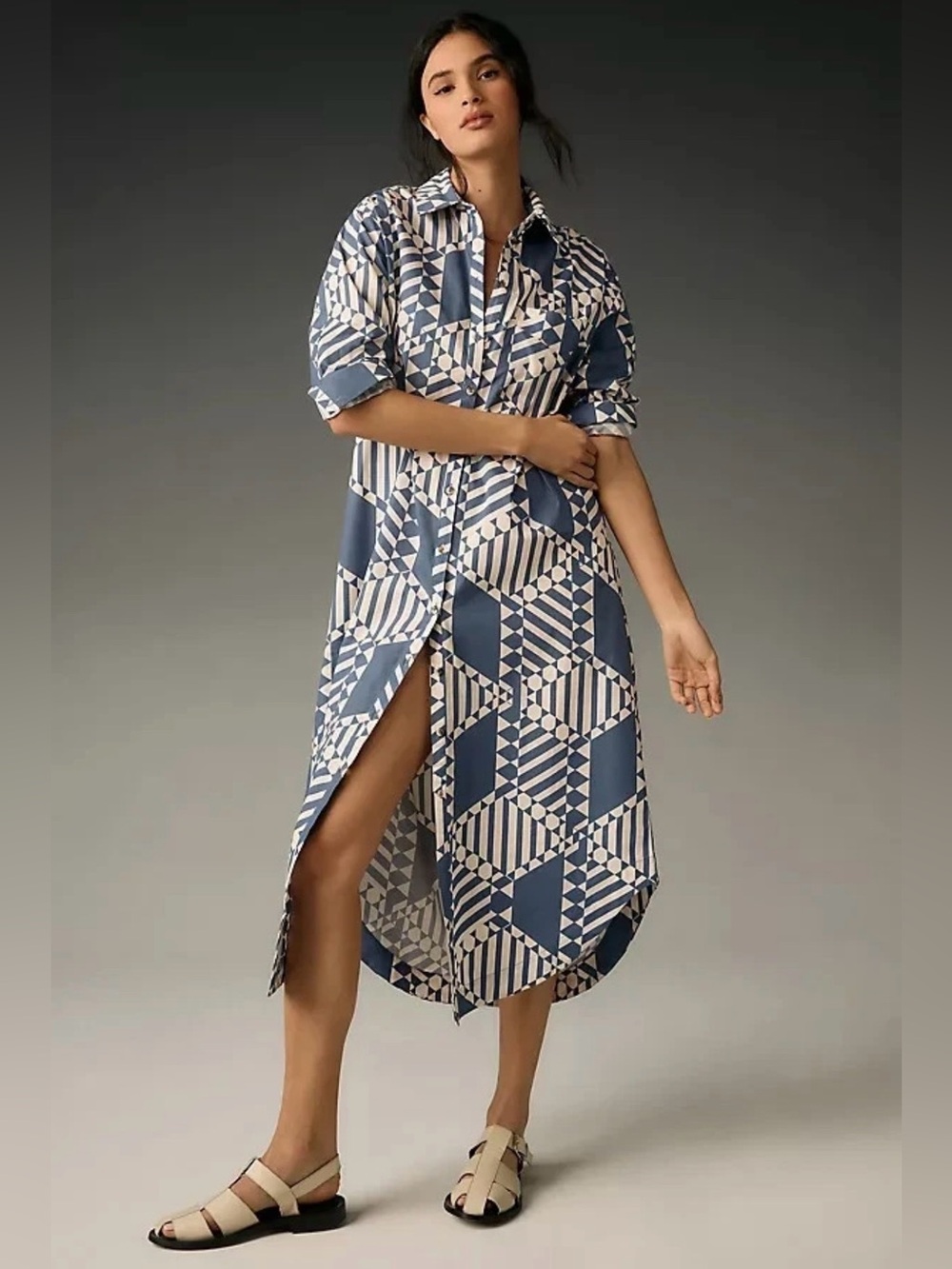 Maeve | Blue and White Patterned Button Down Midi Shirt Dress, XS